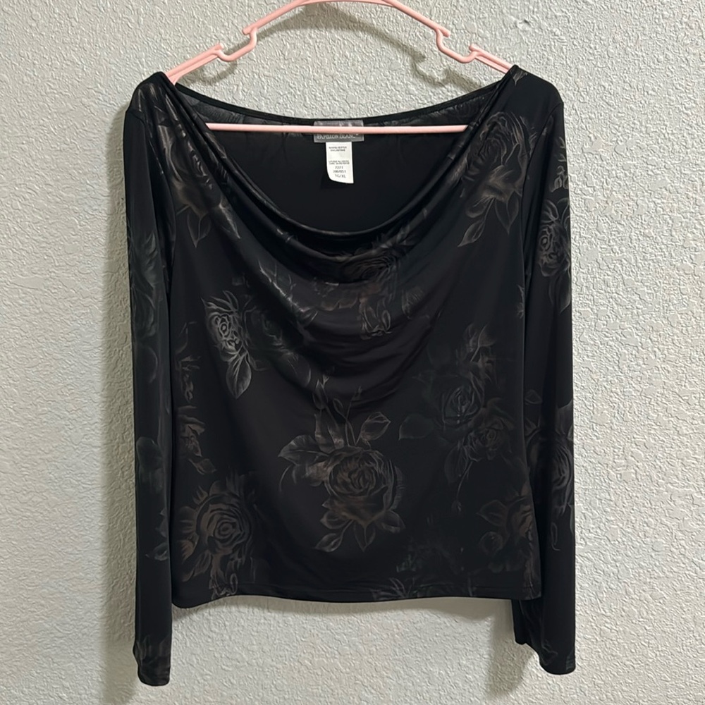 Papillon Blanc Black Sheer Slouched Rose Long Sleeve Shirt Large XL